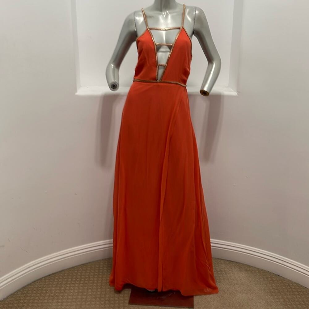 Sheri Bodell Maxi Silk Dress Coral Chain Trim